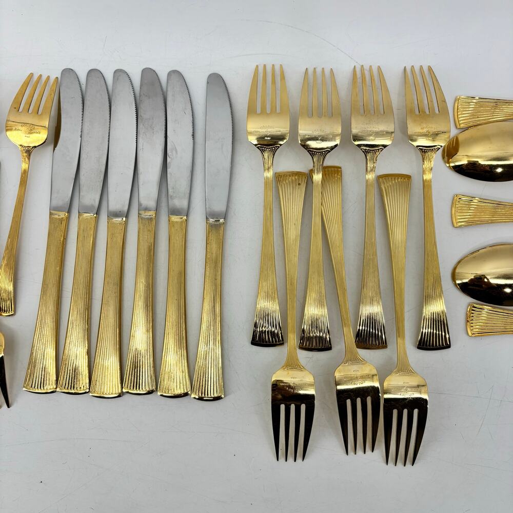 Golden Barclay Gold Tone Flatware 25 Pcs Hollywood Regency Fork Spoon - Picture 5 of 10